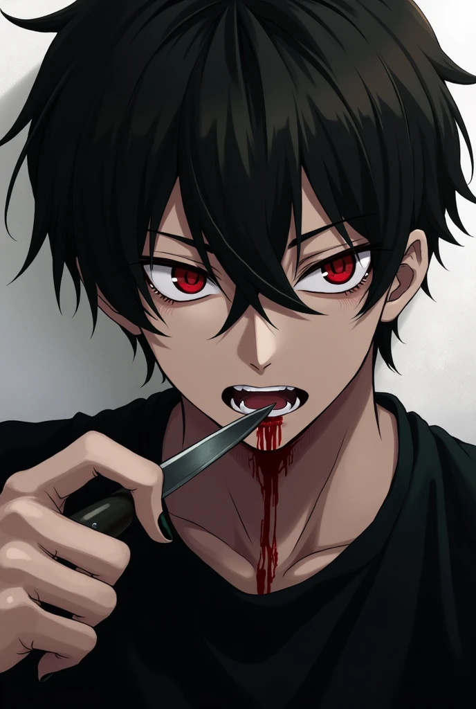 Anime man, holding a knife to his throat, mouth close, red eyes staring coldly, short black hair, black painted nails, blood on his face, black shirt