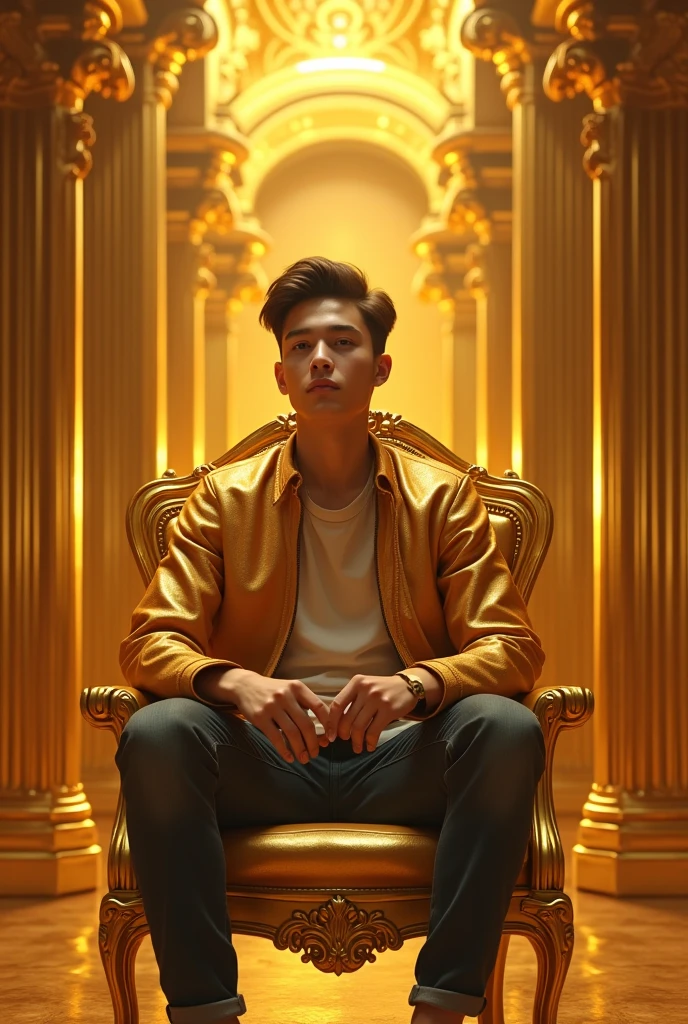 A teen age boy in a gold House and seat in a gold Chair 