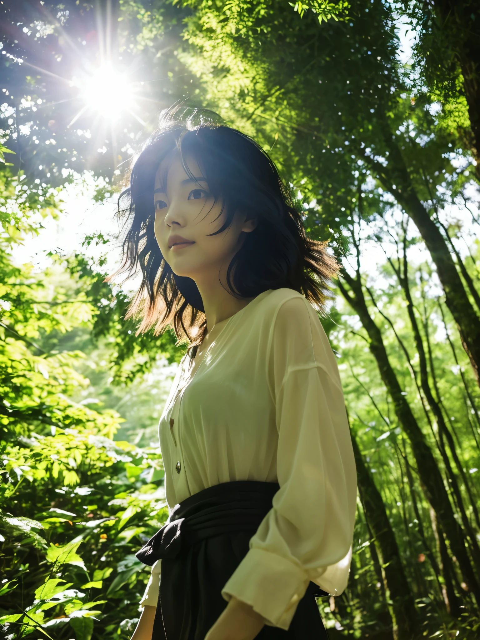 A black-haired Japanese woman walking under the sunlight filtering through the trees