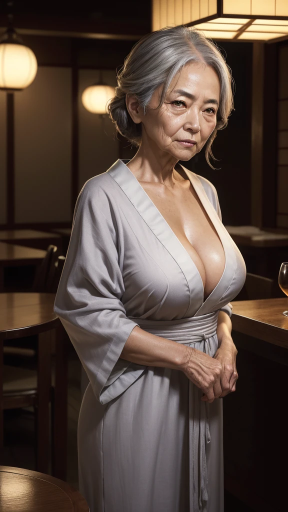 6,(A MILF:1.2), a captivating gaze,long old gray hair,Brown eyes, (A lot of wrinkles on her face:1.4), (There are many wrinkles on her chest1.4),Old Woman, Detailed wrinkles (8K, High resolution,ultra-quality, An ultra-high picture quality,Ultrarealistic,Best Quality,masuter piece:1.2)(breasts are large,Large cleavage:1.1) ,(Old Woman in Japan), beauty dinner dress,eyes visible through hair, Proper eye position,Cinematic Light,Soft light,lower back,Night time,Soft moonlight,detailed color graded background,Convoluted, ighly detailed,8K,Overall silhouette,restaurant,Looking down