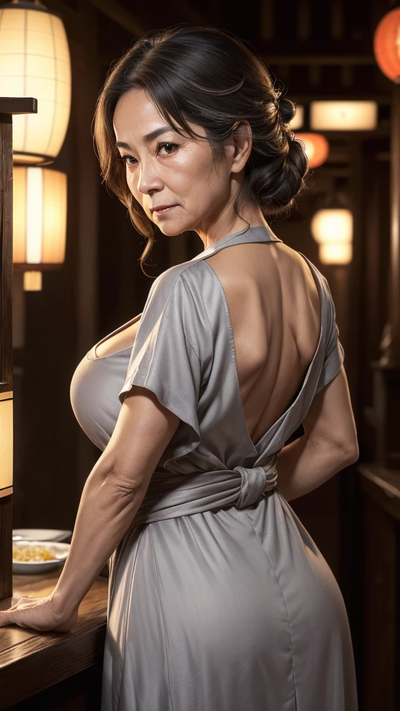 6,(A MILF:1.2), a captivating gaze,long old gray hair,Brown eyes, (A lot of wrinkles on her face:1.4), (There are many wrinkles on her chest1.4),Old Woman, Detailed wrinkles (8K, High resolution,ultra-quality, An ultra-high picture quality,Ultrarealistic,Best Quality,masuter piece:1.2)(breasts are large,Large cleavage:1.1) ,(Old Woman in Japan), beauty dinner dress,eyes visible through hair, Proper eye position,Cinematic Light,Soft light,lower back,Night time,Soft moonlight,detailed color graded background,Convoluted, ighly detailed,8K,Overall silhouette,restaurant,Looking down