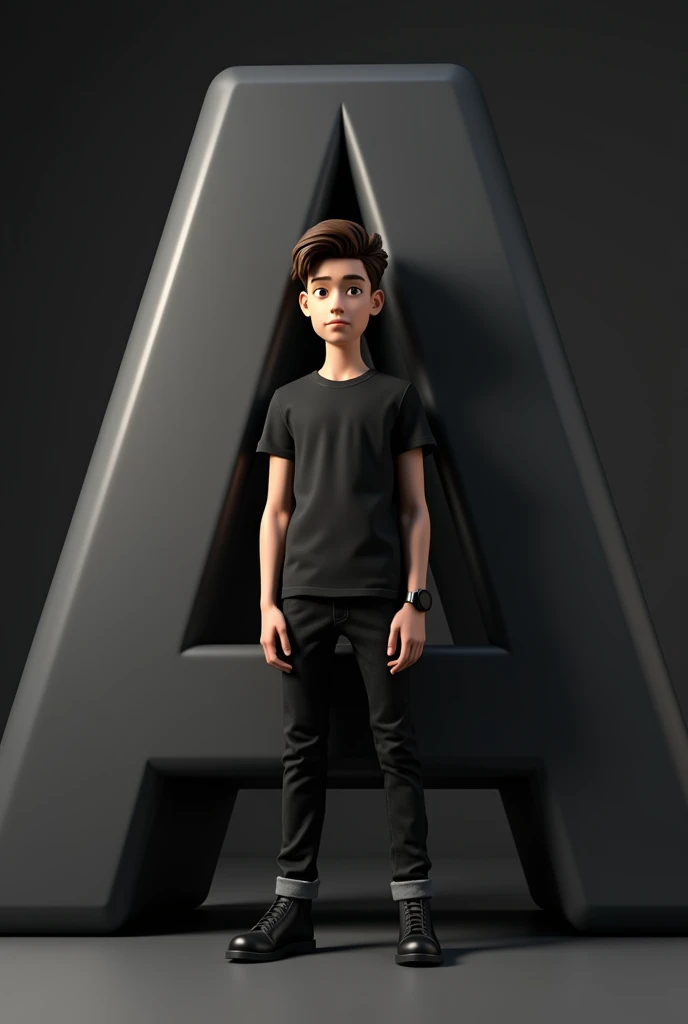 realistic 16 year old cute stylish attitude boy standing with so big boys higher real 3D “A” name letter side and face down. boy wearing black full t-shirt and black jeans, black shoes, watch stylish hair, The background black wall should ensure that the name is not misspelled

