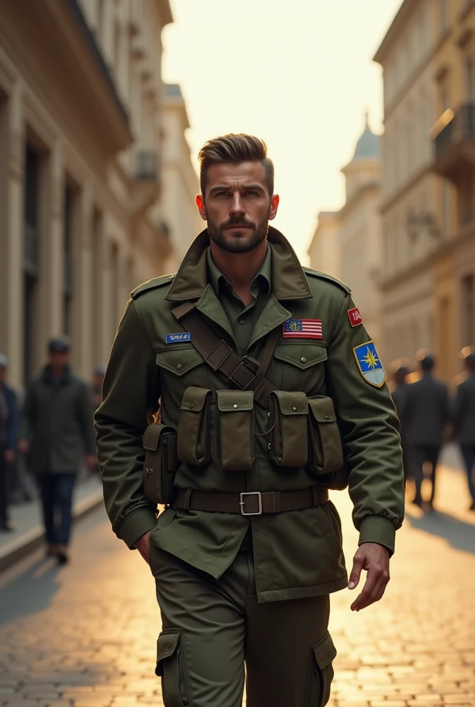 (photorealism:1.2), beautiful man, walking on the street, wearing like a ukranian soldier, hairstyle like David Beckham in 2016, no tattoos, outdoors, soft lighting, street of Tbilisi background, sunlight weather, relaxed pose, realistic, intricate details, warm colors, by Greg Rutkowski, by Alphonse Mucha.