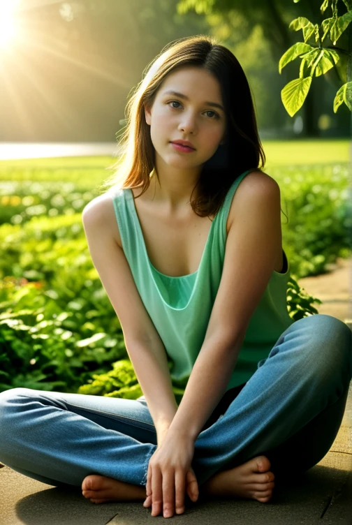 1girl, loose oversized tank top, cutoff jeans low rise ultra short, barefoot, park, beautiful detailed eyes, beautiful detailed lips, extremely detailed face and eyes, long eyelashes, photorealistic, 8k, ultra-detailed, masterpiece, studio lighting, professional, vibrant colors, natural lighting, warm golden hour lighting, lush green foliage, sun-dappled, peaceful, serene, idyllic, tranquil