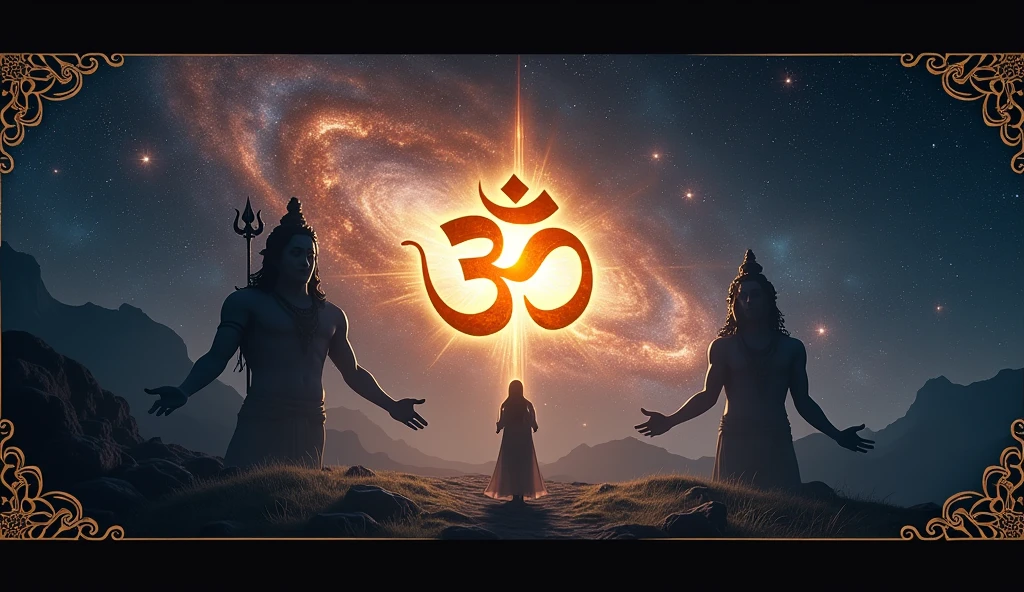 Design a captivating YouTube thumbnail for a video titled "The Mystery of the Universe: Hinduism." The background should feature a dark, starry cosmic scene with a vibrant nebula or swirling galaxy, symbolizing the vastness of the universe. Place a large, glowing golden "Om" symbol at the center, radiating mystical energy. Flanking the "Om," incorporate semi-transparent outlines of prominent Hindu deities, such as Vishnu or Shiva, blending subtly into the cosmic background. Add intricate, traditional Indian patterns along the edges for a cultural touch. At the top of the image, include the title "The Mystery of the Universe" in bold, glowing white letters. Beneath it, write "Hinduism" in a slightly smaller, elegant font. A soft lens flare effect near the galaxy enhances the overall mystical and divine atmosphere of the thumbnail.