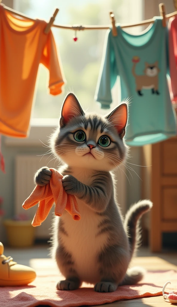 Photorealistic, 64K, high octan render, A cute cat doing laundry, separating clothes, and hanging them to dry on a clothesline, looking serious and focused.