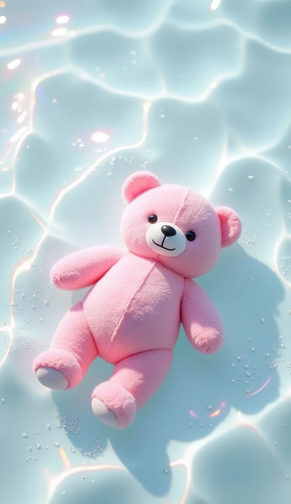 Transparent water waves, white transparent water, a pink teddy bear lying flat on the water surface, dreamlike light and shadow, light color tones, sparkling rainbow reflections, light background, high-definition photography, top view, macro lens, soft focus, high resolution. Silver metal marks flickered on the water surface. It has an ethereal fantasy style, with water droplets and splashes, sparkling and rainbow like color effects. Holographic water waves,