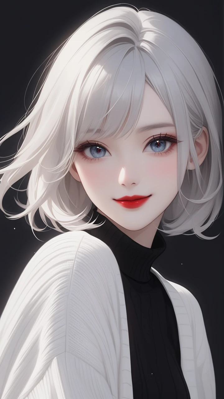 highest quallity、work of art、1 girl、black backdrop、gray hair:1.5, Eye color red、Red lips、wearing a red sweater、Black and white world、Black and white world、pale skin, ssmile. long hair.