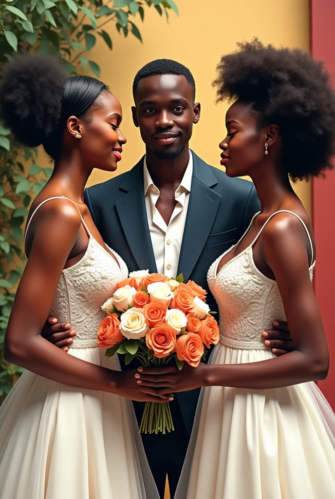 Un jeune garçon de 23 ans africain en veste au milieu de deux belles filles africaines en robe de mariage et tenant chacune dans les mains une fleur. La première fille a 19 ans et est heureuse tandis que la seconde fille a 21 ans et est triste