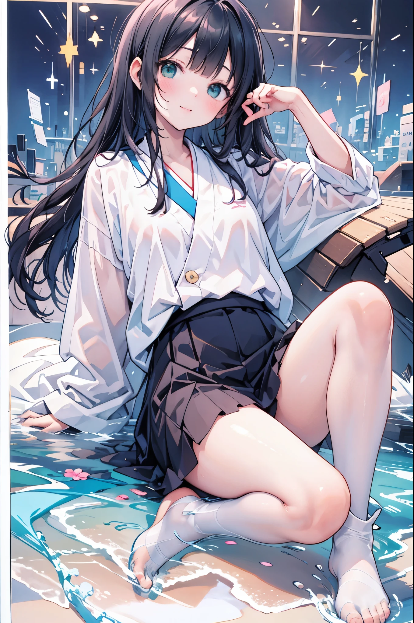 ((Highest quality, 8k, masterpiece: 1.3)), whole body,1 personの,1 person,,Glamorous Body,cute,smile,Black Hair,Beautiful emerald green eyes,long hair,Gaze into the depths,((Japanese Castle,Castle keep,Ishigaki,moat,))White short-sleeved blouse,Grey mini skirt,Pink sneakers,summer,