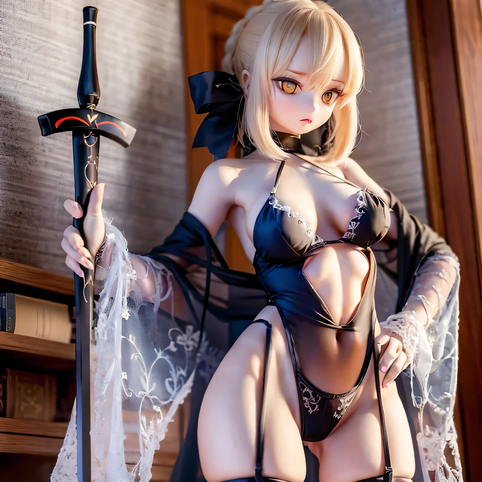 (Tabletop), Highest quality, Expressive eyes, Faith Perfect Fate Saber Contrapposto Lingerie(((((Wear the sword))))))