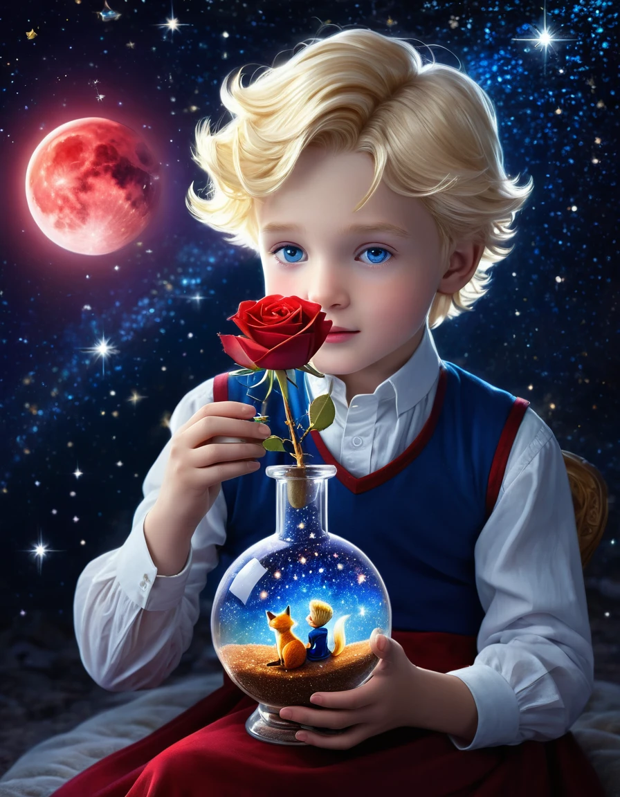 Best quality, masterpiece, ultra high resolution, Surrealism, ((The image of the little prince)), blonde hair, Blue eyes, rose in a glass flask in hand, Starry sky, red fox sitting next to the prince, Night time, stars, galaxy, sparkling magic, a red rose in a crystal flask in the prince's hand, hyperdetailing, amazing quality, difficult, cinematic light, Beautiful, Surreal, dramatic, fantastic, color of nebula