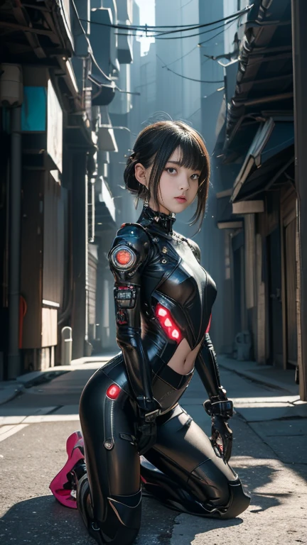high quality、masterpiece, Too much exposed skin, Beautiful Teen, Sitting or kneeling, skinny, small skinny girls, Cute Face, ((cyber punk)), ((赤色レザーのcyber punkの服を着る)), , futuristic cyber punk, Innocent, Playful, Famous Japanese actresses, Very beautiful face、((The background is a future city))、((A terrifyingly eerie sky))