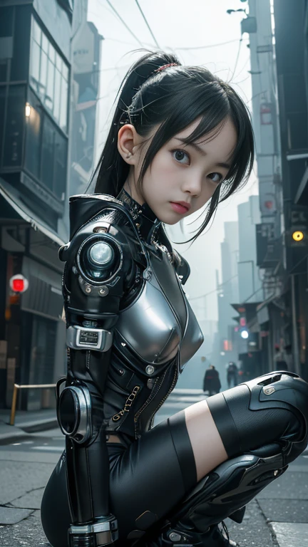 high quality、masterpiece, Too much exposed skin, Beautiful , Sitting or kneeling, skinny, small skinny girls, Cute Face, ((cyber punk)), ((赤色レザーのcyber punkの服を着る)), , futuristic cyber punk, Innocent, Playful, Famous Japanese actresses, Very beautiful face、((The background is a future city))、((A terrifyingly eerie sky))