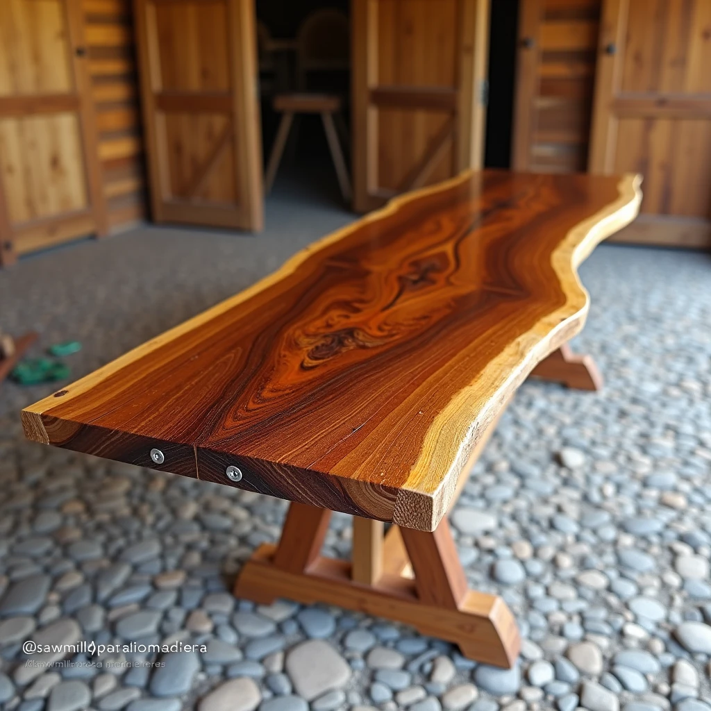 The picture shows a beautiful table made of wood, with a high gloss finish that highlights the natural texture and grain of the wood. The table surface displays a rustic and organic pattern with tones ranging from dark to light browns., almost golden, which highlights the natural beauty of the material.
The table appears to be made from a single piece of wood., preserving the natural edge of the tree, which gives a handmade and exclusive touch to the furniture. The base of the table is formed by crossed legs, also made of wood, with visible metal screws that guarantee the robustness of the structure.
The environment around the table includes a wooden structure in the background, which appears to be part of a sawmill or carpentry workshop, with doors and walls made of wooden planks. The ground is covered with a layer of small, irregular stones. The light falling on the table highlights the shine of the finish, showing the care taken in making the piece.
Furthermore, there is a watermark on the image with the text "@sawmillparaisomadeiras", which may be related to the name of the sawmill or the craftsman responsible for creating the piece.