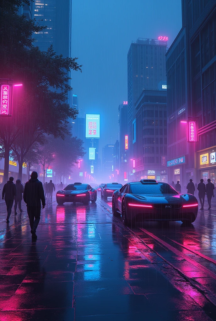 Oil painting of a futuristic street, purple and blue lights, people walking on footpath, and 3 cars on the street. Night time, raining 