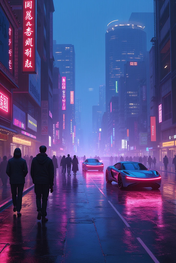 Oil painting of a futuristic street, purple and blue lights, people walking on footpath, and 3 cars on the street. Night time, raining 