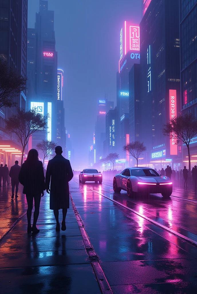Oil painting of a futuristic street, purple and blue lights, people walking on footpath, and 3 cars on the street. Night time, raining