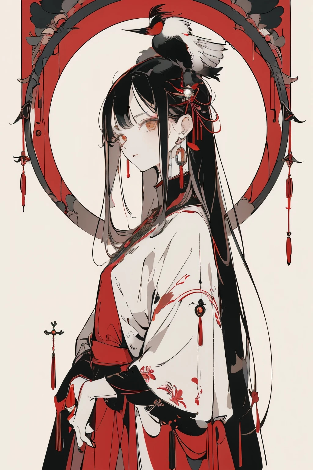 (Designed by nty:1.4),Upper body portrait of a girl,Red, White and black, ((Red-crowned crane anthropomorphism)), ,Angelic, Symmetrical beauty, Red-crowned crane characteristic gorgeous long skirt, stand up, (((solitary))), Color Matching，Clear facial features, Clean lines design, ((tarot card background)), Standing Figure, ((Flat Color)), (masterpiece，Top quality，best quality，Ultra-high resolution), ((Exquisite facial features，Clear facial features，beautiful eyes，Pretty Face)) ,(32K Wallpaper),