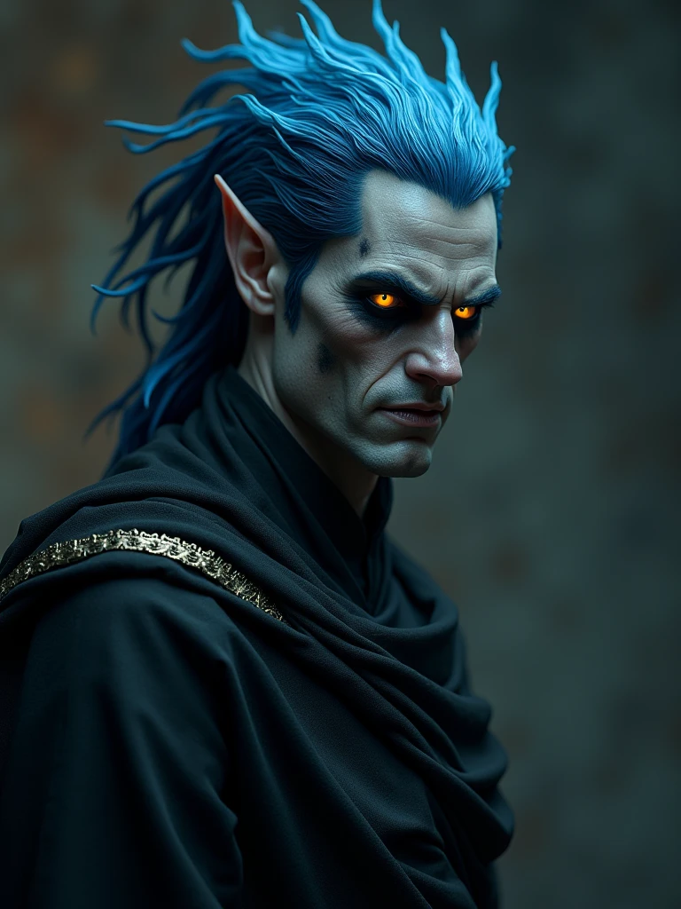 tall, lean handsome male, with ashen skin, blue flame hair, yellow eyes with dark cirkles around, dark lips and sharp teeth, with evil smirk, wearing black greek tunika
