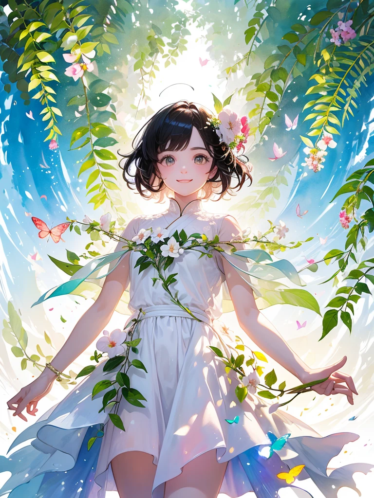 (masterpiece、Highest quality、Highest quality、Beautiful and beautiful:1.2)、Excellent anatomy、（Watercolor painting 1.5）、Composition looking up from a low position、Long Shot、Straight short hair picture、Beautiful smile、Butterfly fairy costume、Pure white、Pure、charm, Colorful flowers of various colors, Flowers and leaves green wind、Botanical Art, Mr.々A pose