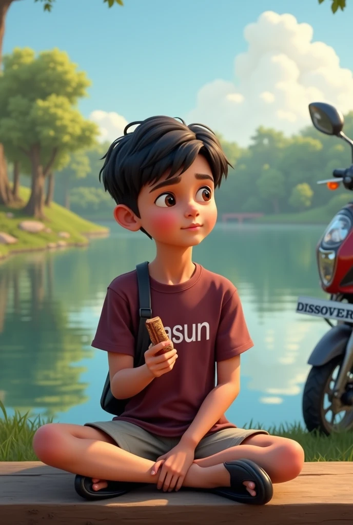 A single younger boy wearing ash colout short and marron colour t-shirt.Printed "Kasun" on his t-shirt.sitting on bench near lake. Chocolate on his hand and not eat.Small side bag wear cross chest.black slippers wear.Bajaj discover bike near him.make realistic.