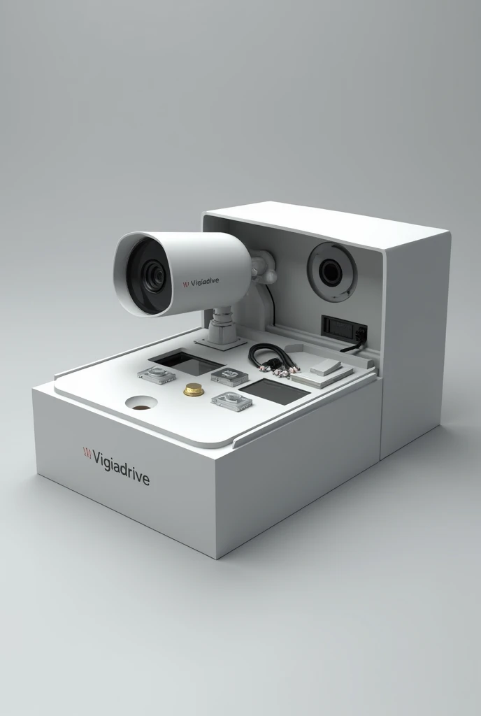 Create an image of a box labeled Vigiadrive, This box contains a surveillance camera and other masteries for it with the camera inside the box half open