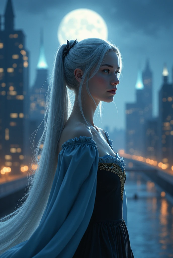 Russian、、Young、clear、Elegance、noble、Gray Hair、Silver Hair、Long Hair、Twin tails、Moonlit Night、city、noble、Light blue and black dress、