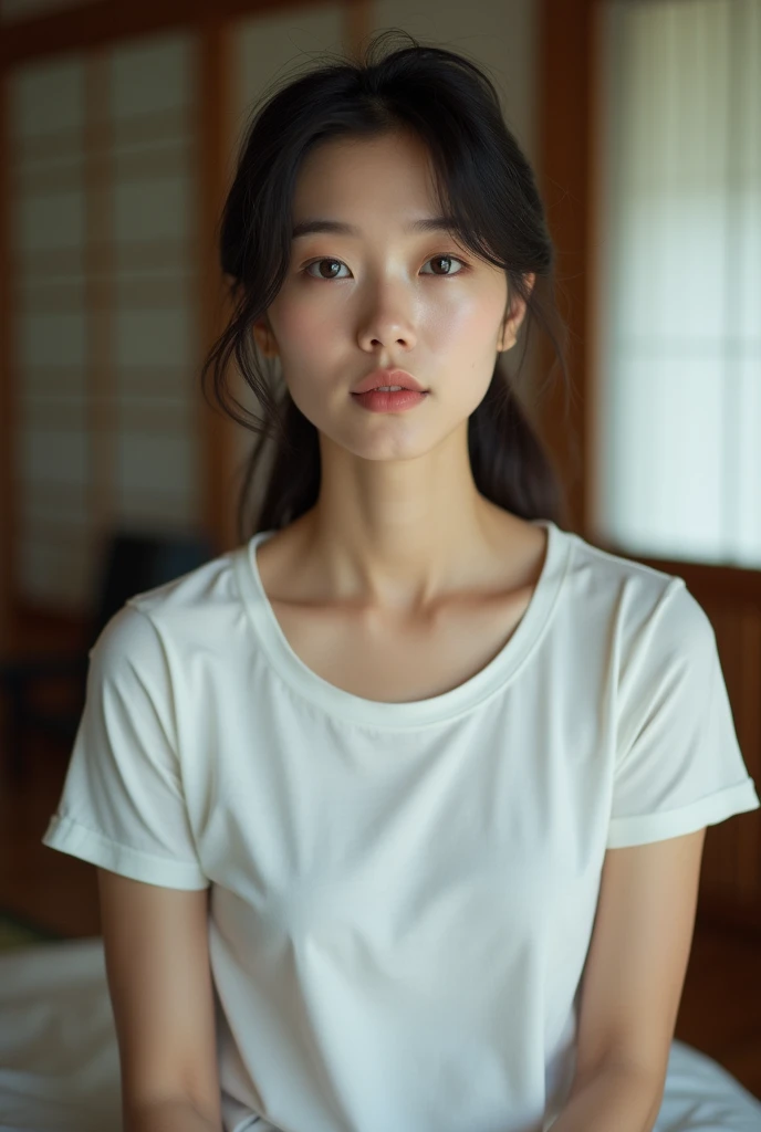 (High reality photograph, high resolusion, detailed face, detailed eyes) Skinny Japanese lady, 40 years old, cute face, various face expression, mid-length hair, skinny figure, small breasts, very thin waist, white T-shirt, in a Japanese room