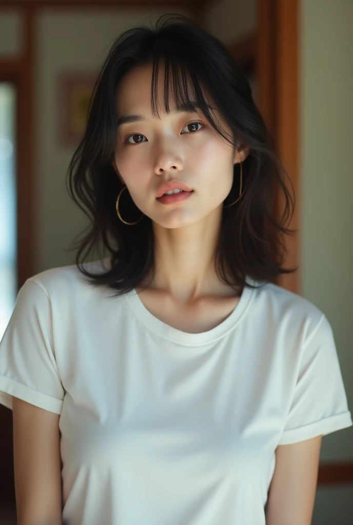 (High reality photograph, high resolusion, detailed face, detailed eyes) Skinny Japanese lady, 40 years old, cute face, various face expression, mid-length hair, skinny figure, small breasts, very thin waist, white T-shirt, in a Japanese room