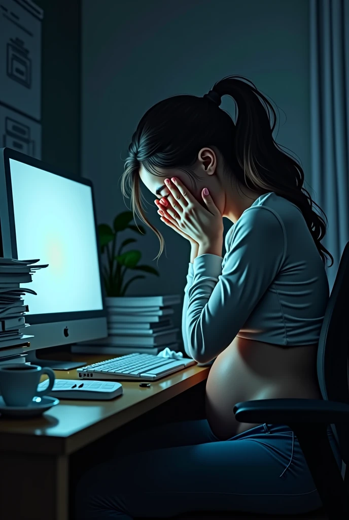 Pregnant woman in front of computer crying