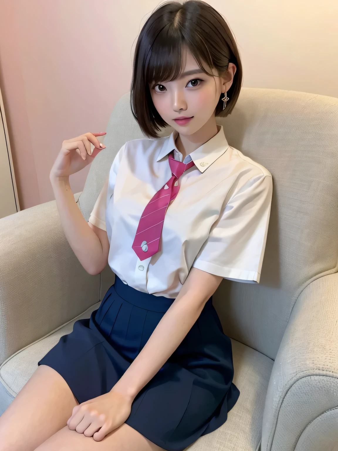 (Highest quality、8k、32K、masterpiece、Hmph:1.2)、Pink Wall、sexy、Age 25、Cute Japan woman photo、Earrings、ショートBobcut、sexy、thin、slender、(Bobcut)、(Small breasts)、double eyelid、White shirt、Navy blue tie、Red mini skirt、Thighs、Yellow wall、whole body、smile、sexy、Thighsが見える、Sitting in a chair、sexy