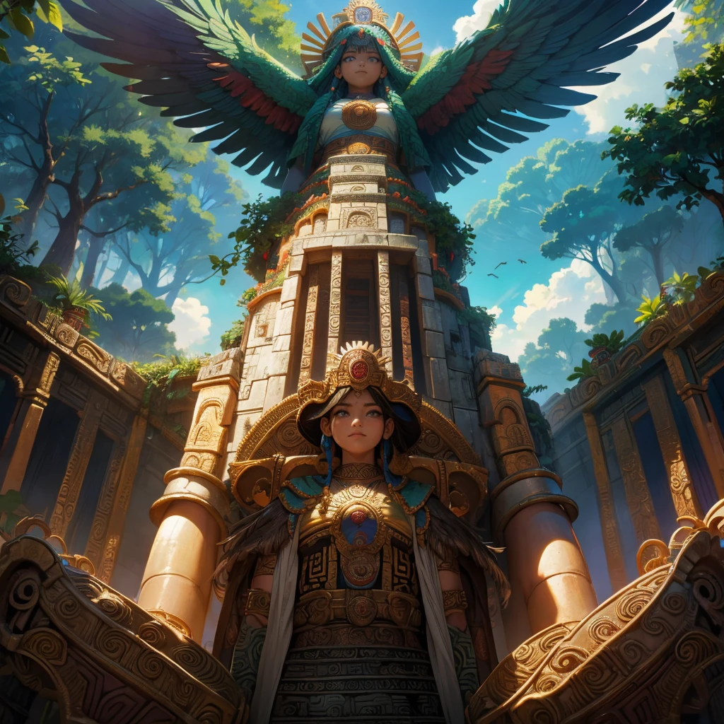 Childish, high quality、Very detailed、8Year、Mayan Aztec young priestess、Flying Feathered Serpent(Quetzalcoatl Kukulkan)Look up at the sky and pray、Temple of the Sun in the Forest of Chichen Itza、mysterious、The whole body is visible
