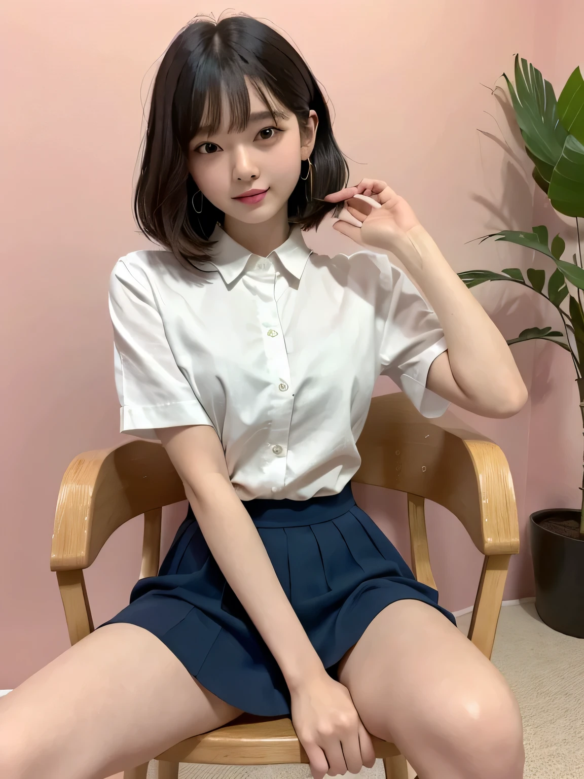 (Highest quality、8k、32K、masterpiece、Hmph:1.2)、Pink Wall、sexy、Age 25、Cute Japan woman photo、Earrings、ショートBobcut、sexy、thin、slender、(Bobcut)、(Small breasts)、double eyelid、White shirt、Navy blue tie、Red mini skirt、Thighs、Yellow wall、whole body、smile、sexy、Thighsが見える、Sitting in a chair、sexy