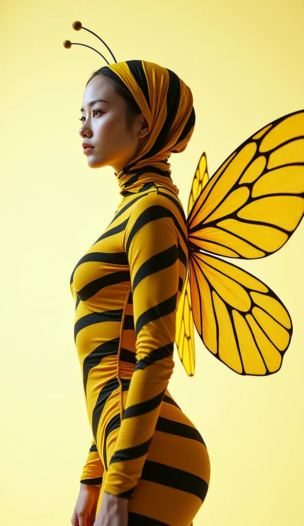 a beautiful and thin malaysian asian muslim adult girl with a shiny and beautiful face wears yellow bee lycra turtleneck unitard catsuit covered with black stripes with a pair of wings and always wear bee lycra dancewear hijab covered with black stripes.She is buzzing.