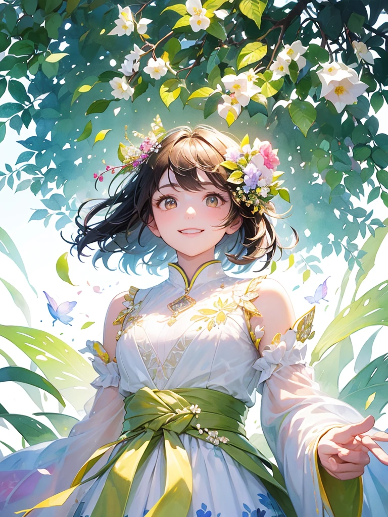 (masterpiece、Highest quality、Highest quality、Beautiful and beautiful:1.2)、Excellent anatomy、(Watercolor painting 1.5)、Composition looking up from a low position、Long Shot、Straight short hair picture、Beautiful smile、Butterfly fairy costume、Pure white、Pure、charm, Colorful flowers of various colors, Flowers and leaves green wind、Botanical Art, Mr.々A pose