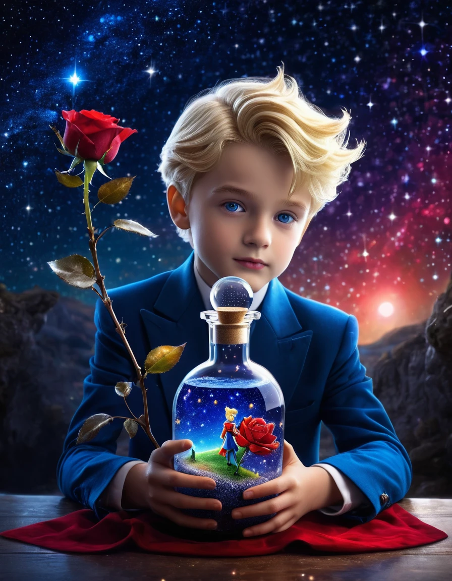 Best quality, masterpiece, ultra high resolution, Surrealism, ((The image of the little prince)), blonde hair, Blue eyes, rose in a glass flask in hand, Starry sky, red fox sitting next to the prince, Night time, stars, galaxy, sparkling magic, a red rose in a crystal flask in the prince's hand, hyperdetailing, amazing quality, difficult, cinematic light, Beautiful, Surreal, dramatic, fantastic, color of nebula