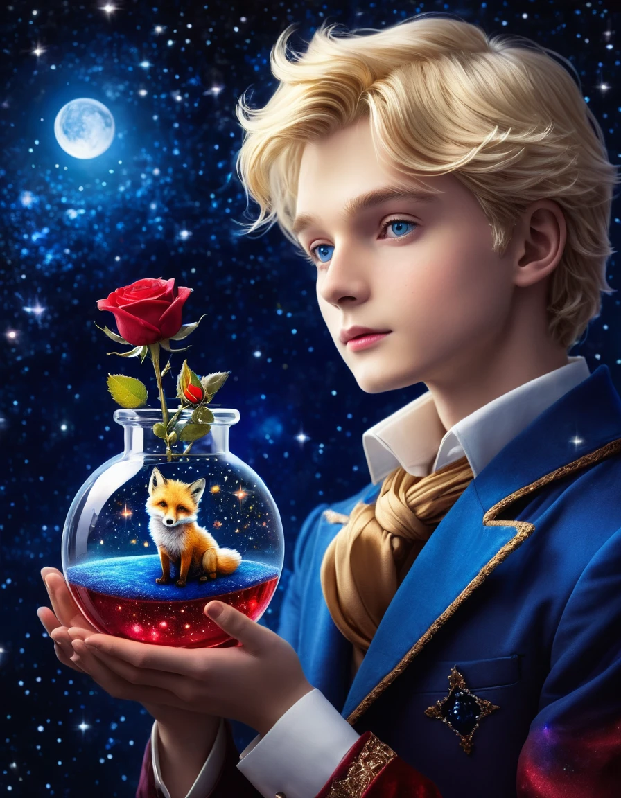 Best quality, masterpiece, ultra high resolution, Surrealism, ((The image of the little prince)), blonde hair, Blue eyes, rose in a glass flask in hand, Starry sky, red fox sitting next to the prince, Night time, stars, galaxy, sparkling magic, a red rose in a crystal flask in the prince's hand, hyperdetailing, amazing quality, difficult, cinematic light, Beautiful, Surreal, dramatic, fantastic, color of nebula