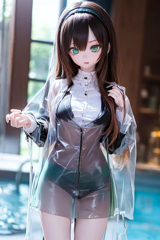(SFW:2), photorealistic, realistic photo, 8k, ((highest quality)), ((masterpiece)), (extremely detailed), kukolnydom, doll, (mature woman, 21yo, 2, solo, transparent raincoat, bikini, poolside:1.6), ((cowboy shot, standing, slim, slender, skinny, medium breasts, hairband)), (parted lips, green eyes, brown hair, long hair, plastic skin, looking at another, glass eyes, gradient eyes, shining eyes, detailed eyes:1.3)
