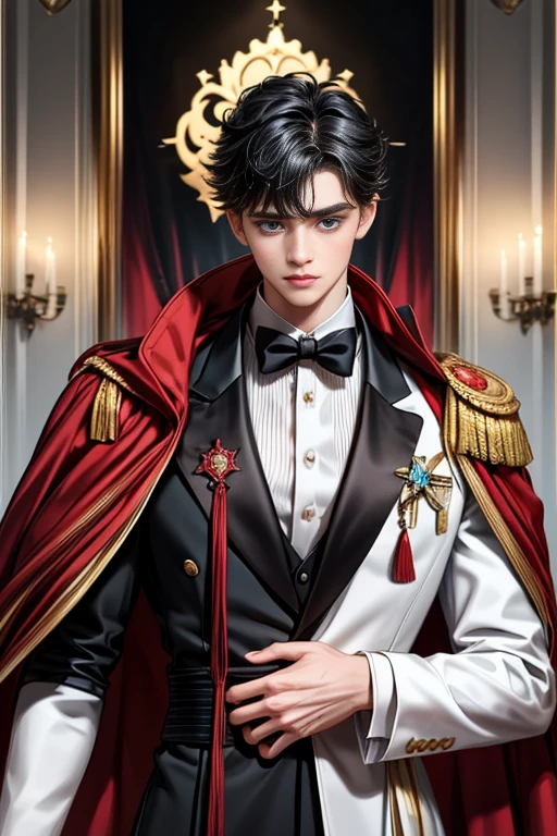 masterpiece, 最high quality, high quality, 1 boy, alone, Male focus, Upper Body,Watching the audience, Messy black hair, Adorable big blue eyes, White, Noble, Noble,A black and red cape that is bursting with sexy volume、Tuxedo、A very voluminous, large, very large, very large, long, long red and black cape with a high stand-up collar, made of a lot of fabric that reaches down to the floor., ,cute beautiful,Cute, cute, kind, handsome guy