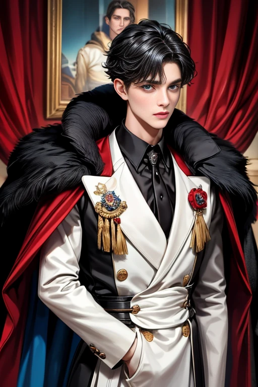 masterpiece, 最high quality, high quality, 1 boy, alone, Male focus, Upper Body,Watching the audience, Messy black hair, Adorable big blue eyes, White, Noble, Noble,A black and red cape that is bursting with sexy volume、Tuxedo、A very voluminous, large, very large, very large, long, long red and black cape with a high stand-up collar, made of a lot of fabric that reaches down to the floor., ,cute beautiful,Cute, cute, kind, handsome guy