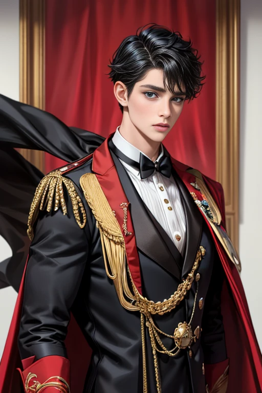 masterpiece, 最high quality, high quality, 1 boy, alone, Male focus, Upper Body,Watching the audience, Messy black hair, Adorable big blue eyes, White, Noble, Noble,A black and red cape that is bursting with sexy volume、Tuxedo、A very voluminous, large, very large, very large, long, long red and black cape with a high stand-up collar, made of a lot of fabric that reaches down to the floor., ,cute beautiful,Cute, cute, kind, handsome guy