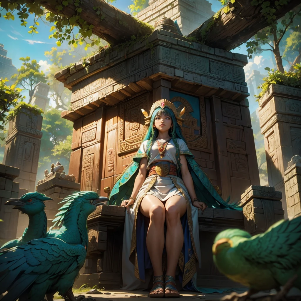 Childish, high quality、Very detailed、8Year、Mayan Aztec young priestess、Flying Feathered Serpent(Quetzalcoatl Kukulkan)Look up at the sky and pray、Temple of the Sun in the Forest of Chichen Itza、mysterious、The whole body is visible