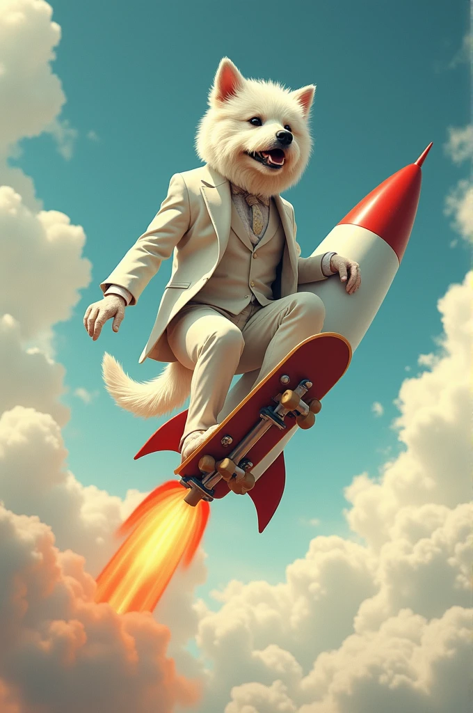 A white dog with lots of steeze wearing suit riding a skateboard on a rocket heading up