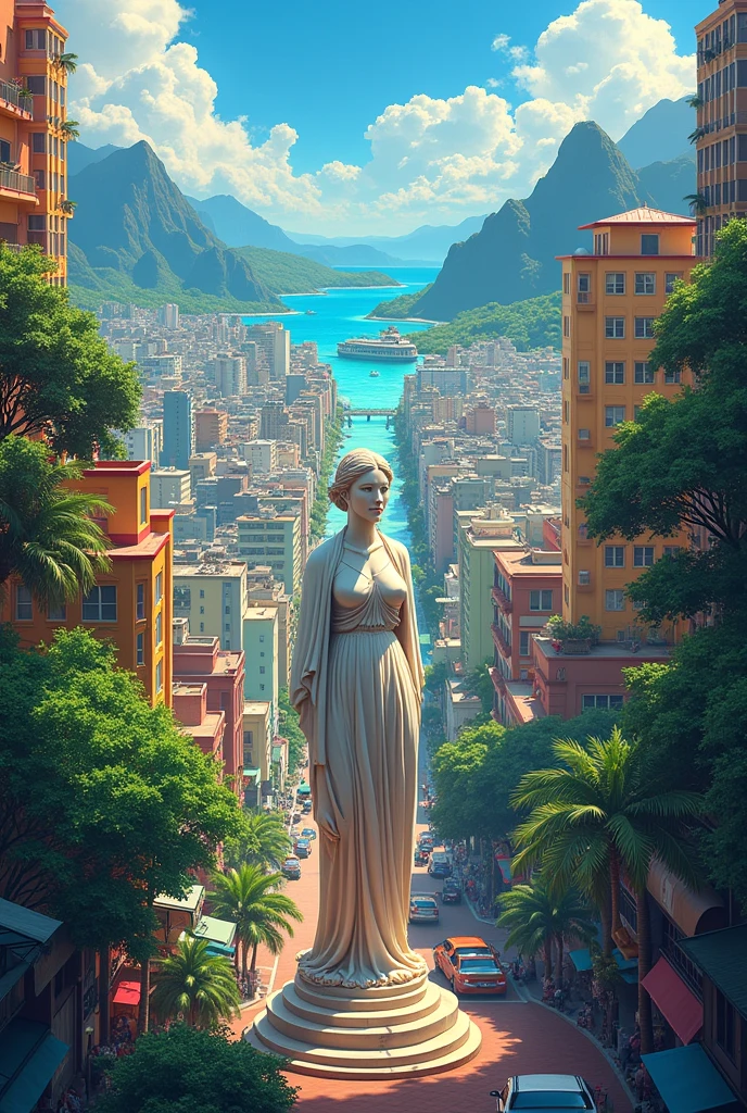 (work of art)), (detailded), 1 Hawaiian Island Style City . Big city with buildings with many colors and green a statue of a woman