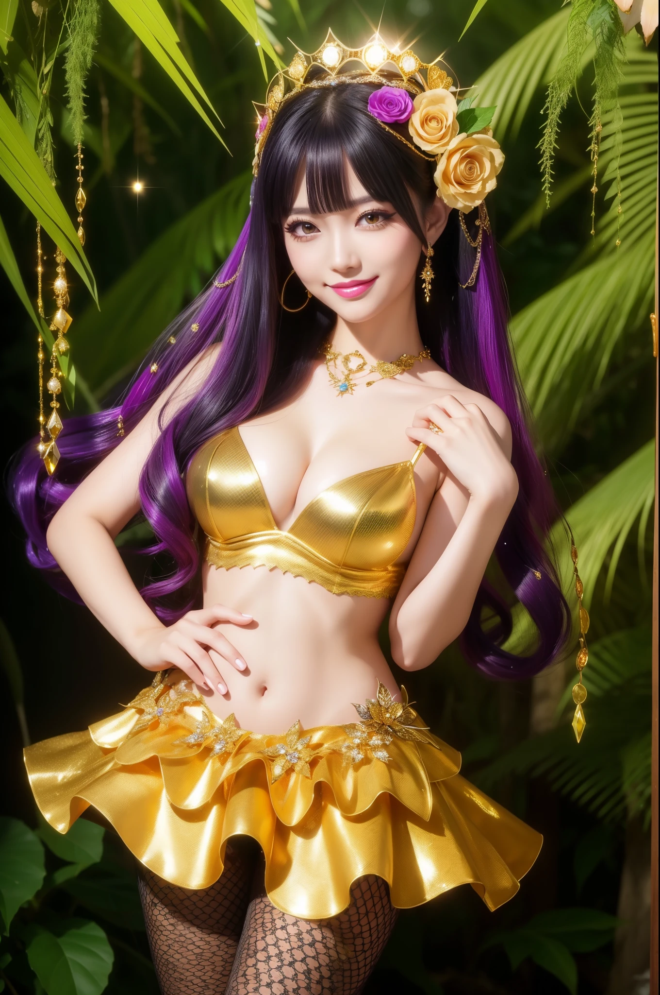 y golden princess who controls poison、beautiful smile、lipgloss、long lashes、intense makeup、look at the camera、full body Esbian、、sparkling poisoned flower costume、、、、shiny sparkling multicolor hair、secrete poison、skull hair accessories、fishnet tights、shiny sparkling dark magic forest background