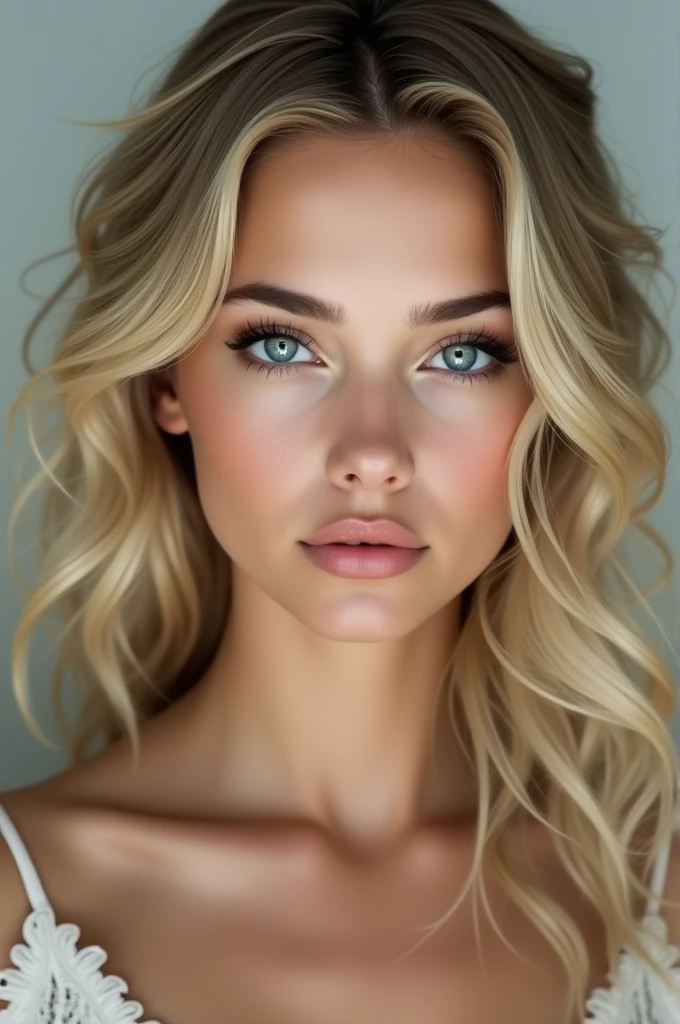A blonde woman with wavy hair, blue eyes and a raised nose