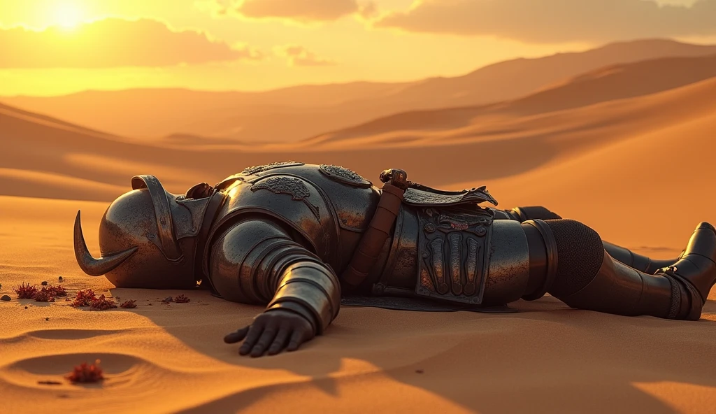 A highly realistic, high-contrast, 8K HD, detailed, hyper-detailed image of the protagonist, Tadakoro, in a desert setting under a dramatic sunset. Tadakoro's helmeted head, freshly severed by a sword, lies on the sandy ground, while his body, still clad in steel armor with the lion emblem prominently displayed, is seen collapsing. The scene is intense yet bloodless, capturing the moment of the fall with a focus on the lifeless helmeted head on the ground. The warm glow of the setting sun casts long shadows across the desert, highlighting the tragic moment. The image is of the highest quality, with ultra-high resolution, RAW photo quality, and Unreal Engine rendering, showcasing the stark, somber reality of the battlefield without any graphic blood depiction.