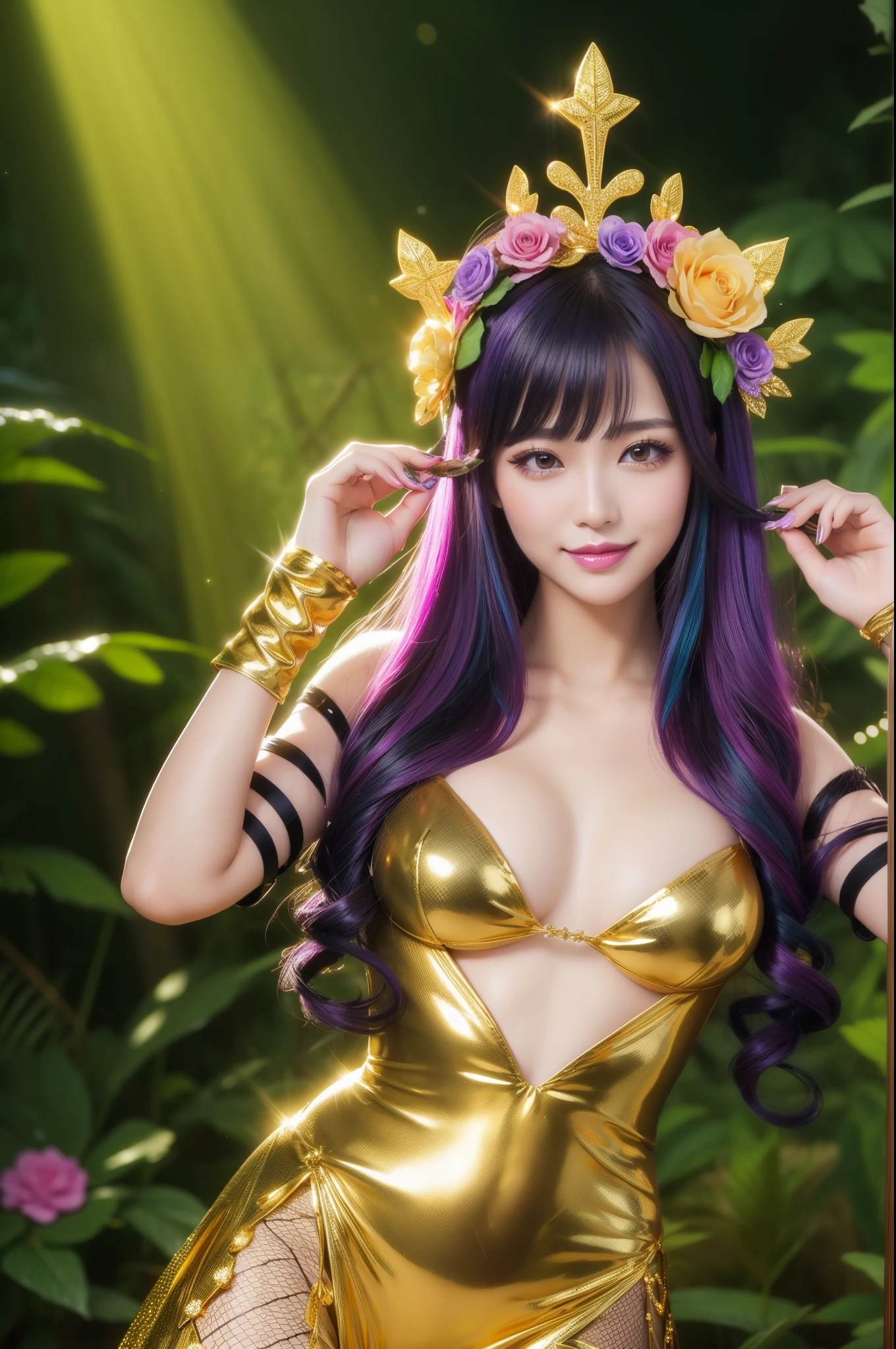 y golden princess who controls poison、beautiful smile、lipgloss、long lashes、intense makeup、look at the camera、full body Esbian、、sparkling poisoned flower costume、、、、shiny sparkling multicolor hair、secrete poison、skull hair accessories、fishnet tights、shiny sparkling dark magic forest background