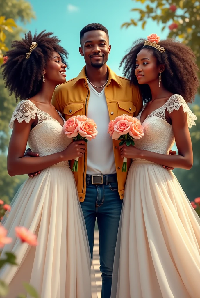 Un jeune garçon de 23 ans africain en veste au milieu de deux belles filles africaines en robe de mariage et tenant chacune dans les mains une fleur. La première fille a 19 ans et est heureuse tandis que la seconde fille a 21 ans et est triste